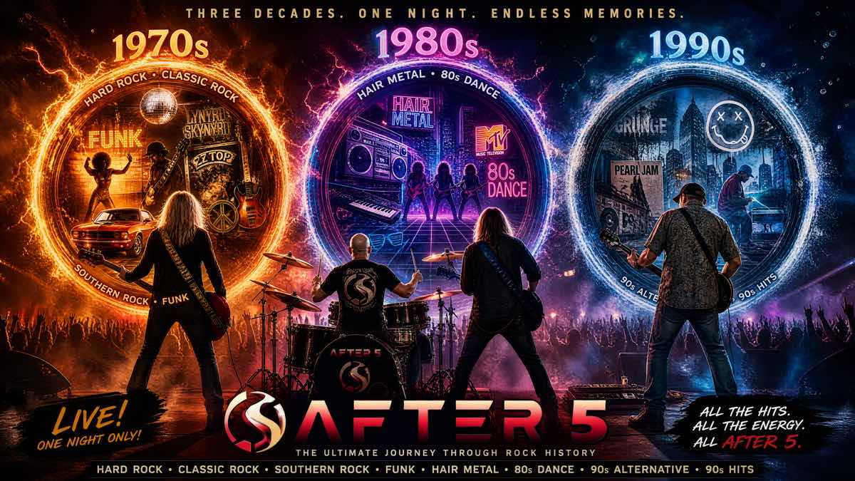 After 5 tour artwork: Three decades, one night, endless memories. The band plays in silhouette in front of three glowing portals — a 1970s ring in orange for hard rock, classic rock, Southern rock and funk; a 1980s ring in neon pink and purple for hair metal and 80s dance; and a 1990s ring in blue for 90s alternative, 90s hits and grunge. The ultimate journey through rock history.